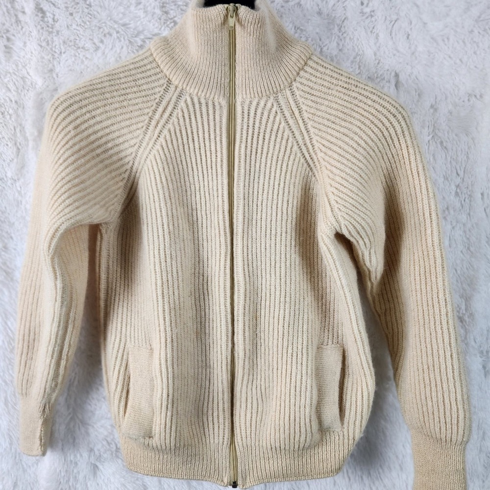 L.L. Bean Cream Zip-Front Ribbed Wool Cardigan